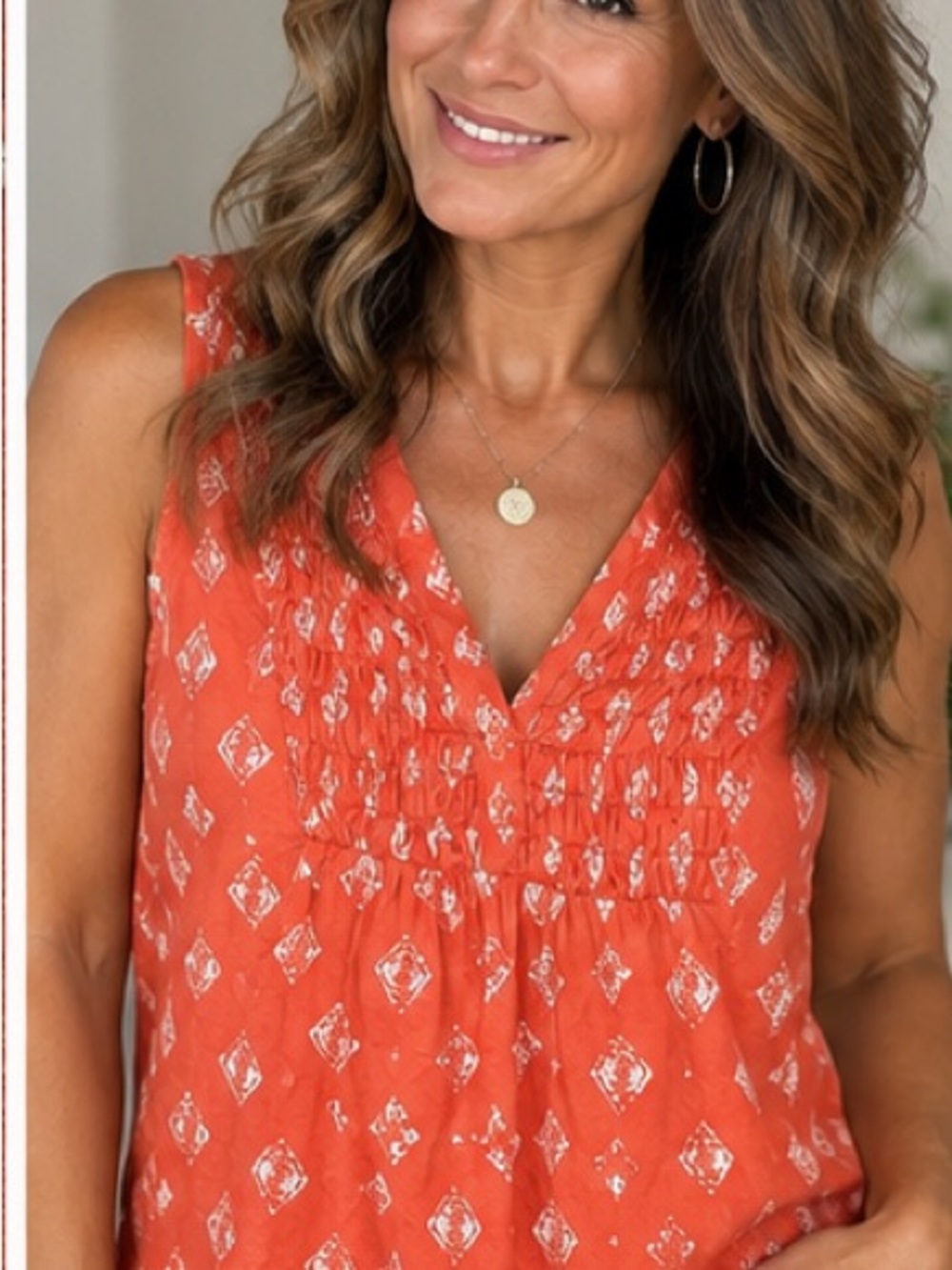 Lucky Brand Orange Printed Smocked V-Neck Camisole